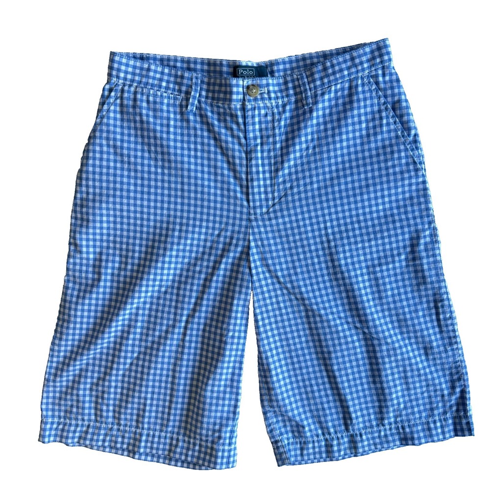Polo Ralph Lauren Shorts Boys 16 Blue Gingham Plaid Preppy Coastal Red Pony NWT